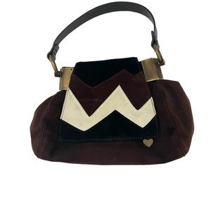 Vintage Escada Suede Purse Bronze Metal Hardware Black Brown Off White